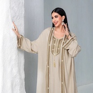 Embroidered Bead Linen-Look 2-Piece Set Muslimah Maxi Dress Long Sleeve Abaya Set S-2XL