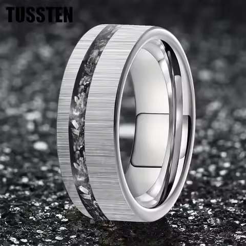 TUSSTEN 6/8MM Men's and Women's Wedding Ring With Meteorite Fragments Inset in the Offset groove for