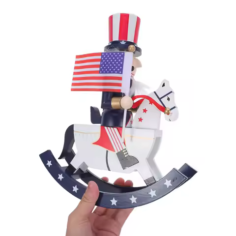 Wooden Independence Day Nutcracker Soldier Statue on Rocking Horse 10.24 Inch Patriotic 4Th of July 