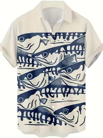 Men's Hawaiian Shirt Vintage Fish Skeleton Print Short Sleeve Button Down Casual Beach Aloha