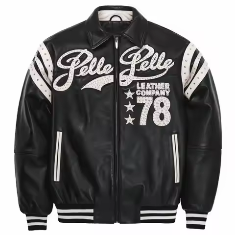 Vintage Black Leather Jacket Rhinestone Embellished Studded Bomber Coat Men Y2K Streetwear Fashion O