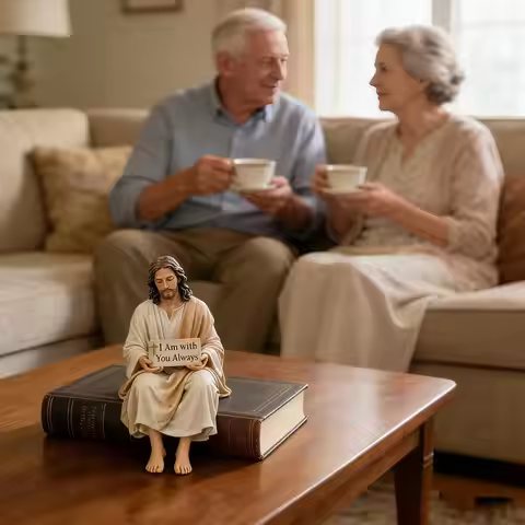 Resin Jesus Figurine Sitting Pose I Am With You Always Sign Jesus Christ Statue Desk Companion Home 