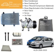 PERODUA ALZA FULL SET CAR AIRCOND PARTS COMBO COMPRESSOR CONDENSER COOLING COIL DRYER VALVE AIR FILTER (6 ITEMS)