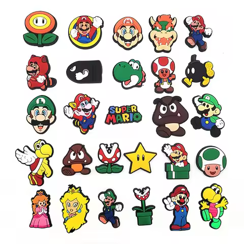 27pcs Mario Series Shoe Charms Decoration Buckle Princess PVC Garden Shoes Sandals Accessories Kids 
