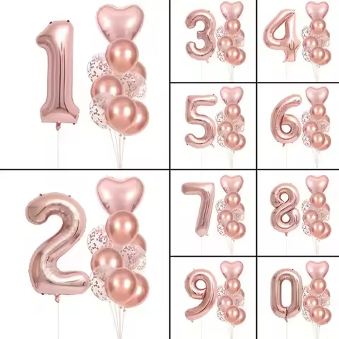 10pcs Rose Golden Foil Balloon Set, 32Inch Rose Golden Number&Heart Balloons, for Wedding Birthday P