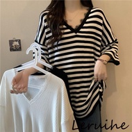 M-3xl Large Size Top Design Striped t-Shirt Women Short-Sleeved Women Plus Size Women's Loose Top Korean Version Top Loose Slimmer Look Lazy Style V-Neck Mid-Length Short @