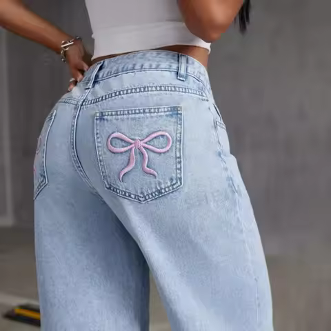 Fashion Retro Bow Embroidered Jeans Women'S Straight Leg Slim Fit Jeans Pants Baggy Y2k Jeans