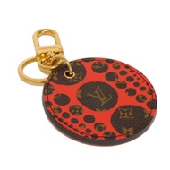 二手LOUIS VUITTON Porte Clés Monogram Pumpkin Dot 鑰匙圈 (M66738)，採用草間彌生設計的ブラウン、RED和金色，帶有 LV 標誌和花朵裝飾。