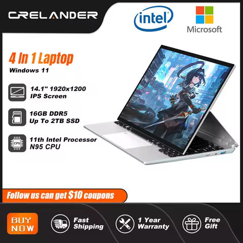CRELANDER 4 in 1 Laptop 14 inch Touch Screen Celeron N95 16GB Ram Windows 11 Tablet PC Notebook Comp
