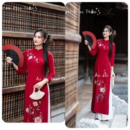 Luxury red silk ao dai with embroidered flowers - Wedding ao dai, ao dai CNY latest code 2026 Chines