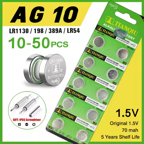 TIANQIU Button Battery AG10 LR1130 Batteries LR54 SR54 389 LR54 189 1.55V Coin Cell Applicable Watch