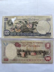 ( 1990年&1991年）委內瑞拉紙幣 500 和 1000 波利瓦爾共二張.