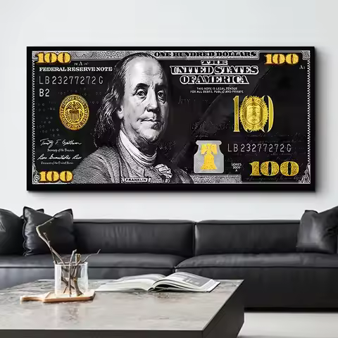 Gold 100 Dollar Bill Canvas Art Black White Print Poster Money Canvas Painting Wall Art Home Decor P