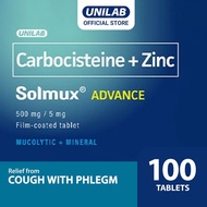 Unilab Solmux Advance 100 Tablets - Cough with Phlegm Medicine Carbocisteine with Zinc for Added Imm