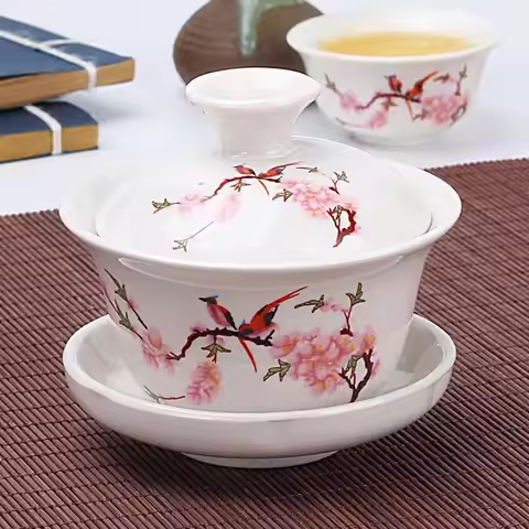 White Porcelain Gaiwan Tea Cup Single Lid Kung Fu Tea Set Household Brewing Bowl Traditional Chinese
