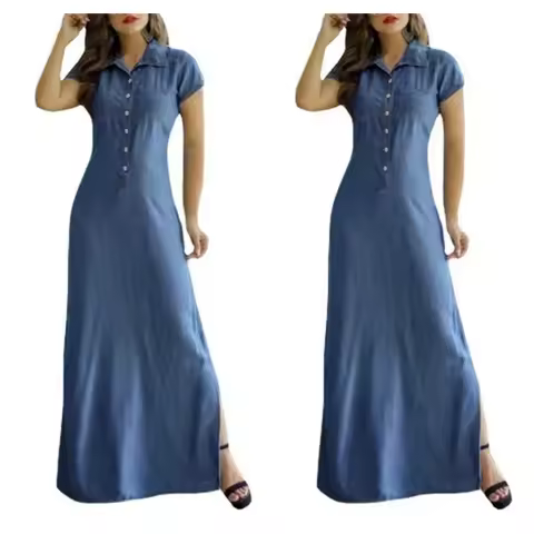 Europe And America Cross Border New Long Dress Shirt Collar Split Pocket Large Swing Dress Large Cas