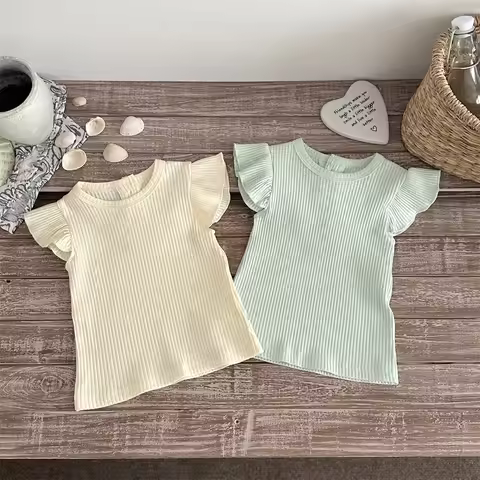 Summer Sweet Style Cotton Baby T-shirt 6M-2T Girls Ruffle Short Sleeve Top O-Neck Solid Color Soft I