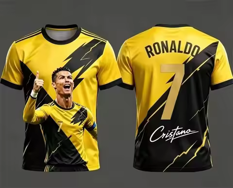 Men's Football Jersey T-Shirt, Featuring Cristiano Ronaldo's Signature Print, Comfortable and Breath