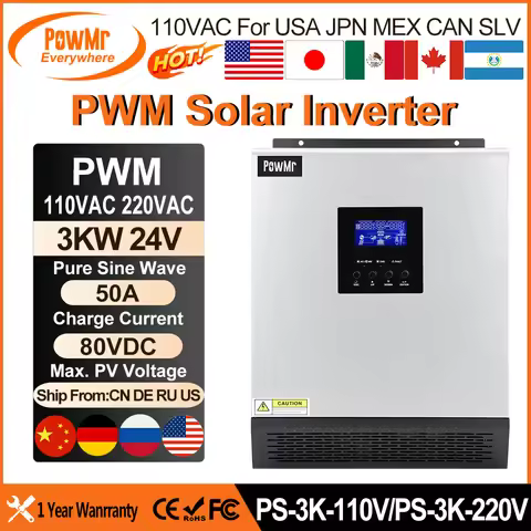 PowMr 3KVA Pure Sine Wave Hybrid Solar Inverter 110VAC Output 24VDC Input 50A PWM Solar Charger Cont