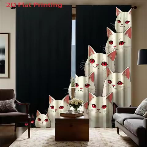 2D Flat, 2pcs 2D Flat Printing Curtains - White Cats with Red Eyes on Black Background, Velvet Fabri