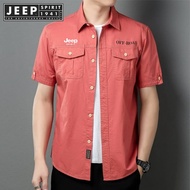 JEEP SPIRIT 1941 ESTD Top Simple Short Sleeve Shirt Mens Loose Work Shirt Casual Polo Collar Cotton