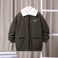 Tween Boy Letter Patch Patched Chi tiết cổ áo Borg Teddy lót dây kéo Áo khoác nhung có đệm không có 