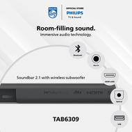 Philips TAB6309 2.1ch Ultra Slim Soundbar with Dolby Atmos | DTS Virtual X | 320 Watts | Bluetooth 5.4 | Wireless Subwoofer | Wireless Streaming
