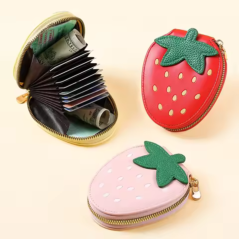 9 Bit Strawberry PU Leather Credit Card Wallet with Zipper for Women and Girls,Portable Multi-Slots 