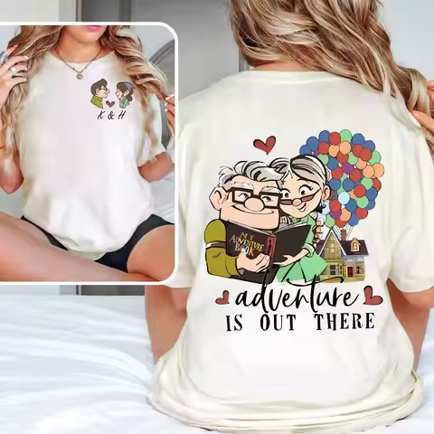 Double Sided Disney Pixar "Up in The Loop" Carl and Ellie Adventure T-shirt, Ellie/Carl Couple T-shi