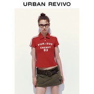 URBAN REVIVO เสื้อโปโลย้อนยุคของผู้หญิงเสื้อเข้ารูปพอดีสีแดง Baju Crop Lengan Pendek พิมพ์ลายกราฟิก 