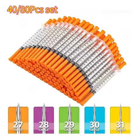 40/80PCS Disposable Plastic Veterinary Syringe Sterile Insulin Syringe with Orange Cap Needles for P