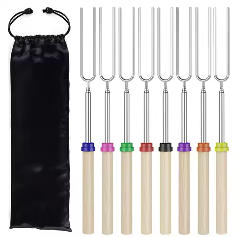 LMETJMA 8 pcs Barbecue Skewers Extendable Marshmallow Roasting Sticks Stainless Steel BBQ Telescopin