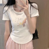 COD (Bangkok Delivery) Korea Sexy Women's T-Shirt HXDX0232 Pure Cotton Striped Letter Loose Screen P