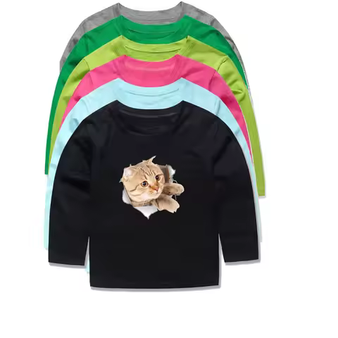Boys Girls T Shirts Cat Long Sleeve for Kids Clothes Toddlers Baby 1 to 2 3 4 5 6 7 8 9 10 11 12 13 