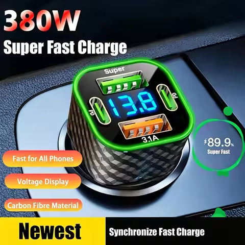 Dual Type C Car Phone Quick Charger 4 in 1 with Voltage Display Super Fast Charge Adapter for iPhone
