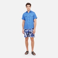 Faded Flower Linen Safari Short Sleeve Shirt Navy