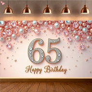 65th Birthday Banner Backdrop Decorations for Women, Rose Gold 65 Birthday Party Sign Supplies, Pink