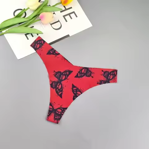 V-shape Butterfly Printed Women Seamless Thongs Low Cut Ultra Thin Ladies G-string Girls Bikini Pant