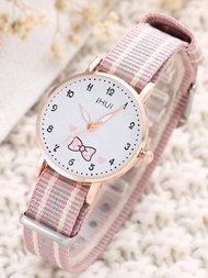 1入組兒童條紋圖案帆布錶帶可愛蝴蝶結圖案圓形錶盤石英手錶適合日常生活