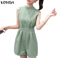 VONDA Women Korean Casual Stand-Up Collar Pleating Solid Sleeveless Jumpsuit