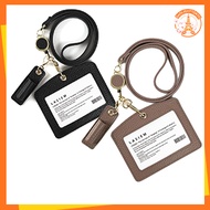 LASIEM Japanese Leather ID Card Holder Pass Case Retractable Reel Lanyard Pen Holder 3 Card Slots