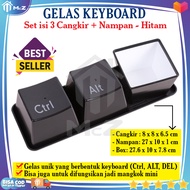 GELAS KEYBOARD Set isi 3 Cangkir Plus Nampan Hitam - Gelas Unik berbentuk Keyboard paduan tombol Ctr