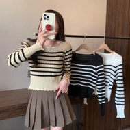 Women's 3 Color Squared Neck Striped Knitted Top