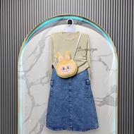 (Gratis Tas Labubu) Setelan Rok Anak Perempuan / Rok Cargo Jeans Import  / Atasan Knit Rajut Usia 2-