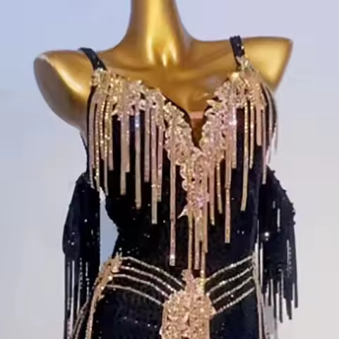 Latin Dance Dress High-end Custom Gold Chest Suspender Dress Samba Rhinestone Dance Dress Profession