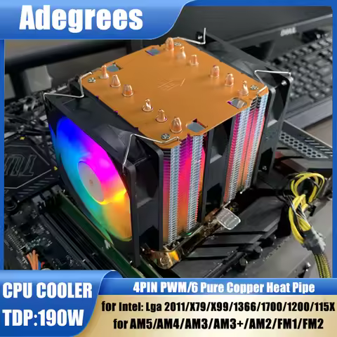 6Heat Pipes CPU Air-cooled Cooler RGB PC Processor AM4 Radiator Intel LGA 1700 2011 1200 1156 1366 X