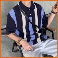 ◆ ∇ ╭ INCERUN Mesh Knit Hollow Stripe Short Sleeve Polo Top POLO Shirts