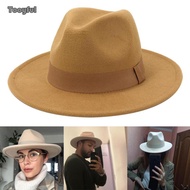 [Tooyful] Men Fashion Flat Top Fedora Hat Breathable Ribbon Band Belt Wide Brim Felted British Winte