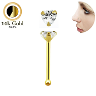 14 กิโลตัน กระดูกจมูกสีทอง 22 กรัม (0.6 มม.) พร้อมง่าม 3 มม. ประดับเพชรคิวบิกเซอร์โคเนียรูปหัวใจสีใส