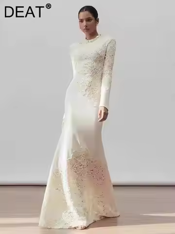 DEAT Elegant Dress Asymmetric Hollow Out Lace Crochet Stand Collar Fish Tail Women's Evening Dresses